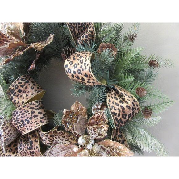 Christmas Wreath Luxurious Animal Print Jeweled Faux Evergreen Handmade 24" - Picture 4 of 6